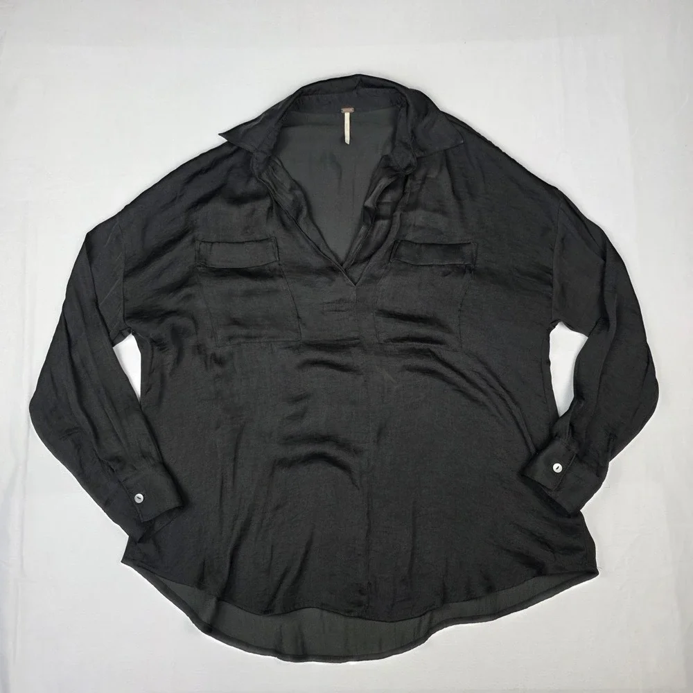 Free People Starry Dreams Top‎ Womens Size XS Oversized Pullover Blouse Black